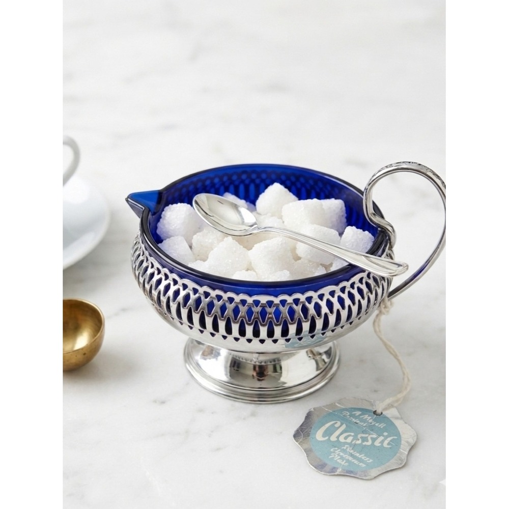 Mayell Classic Cobalt Blue Glass Bowl Chromium Holder Vintage Tagged England